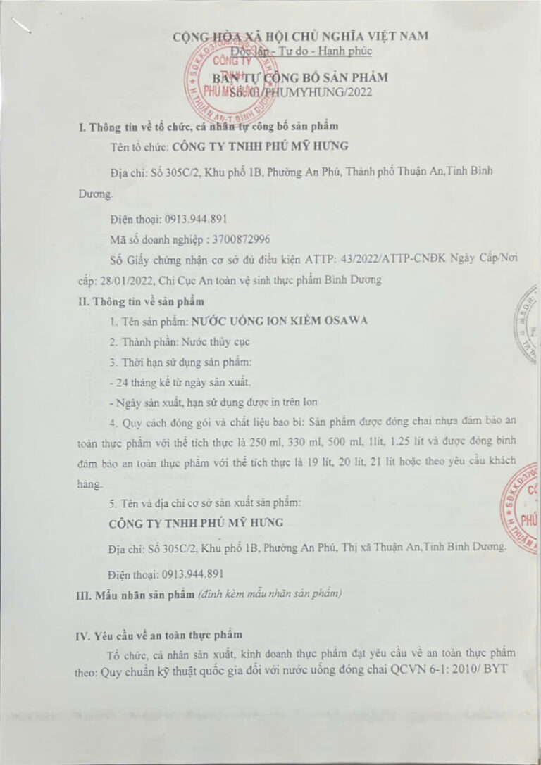 Bản tự công bố sản phẩm Công ty TNHH Phú Mỹ Hưng